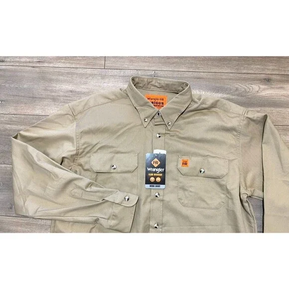 Wrangler FR Flame Resistant Mens XXL Long Sleeve Western Canvas Tan Work Shirt